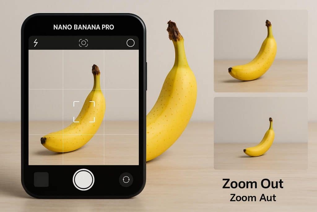 Nano Banana Pro Zoom Out: How to Give a Photo More Room Camera view zooming out to show a banana next to photography equipment on a studio desk