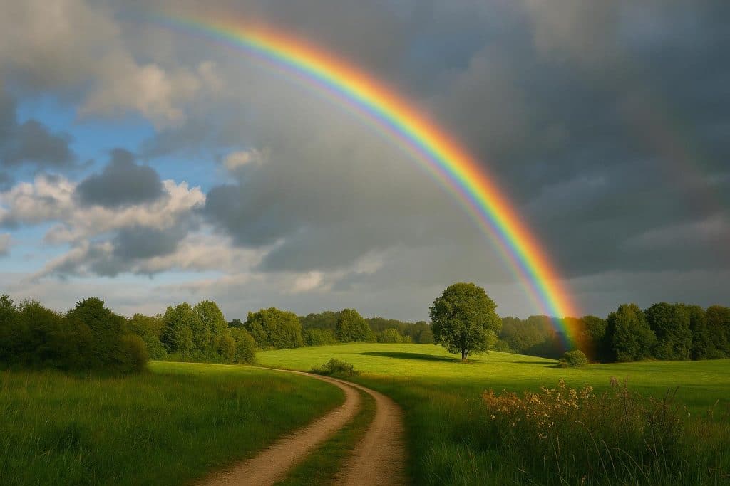 The Art of Rainbow Photography: Techniques for Creating Colorful and Natural Images Vivid rainbow arching over a natural landscape, showcasing vibrant colors and photography techniques
