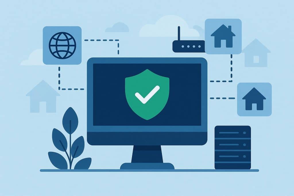 Residential proxy network concept showing secure data transfer between devices and the internet