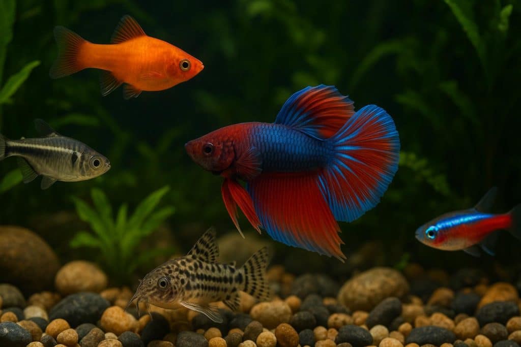 4 Excellent Tankmates That Can Safely Co-Exist with Your Pet Betta Betta fish swimming peacefully with compatible tankmates in a well-planted aquarium setup