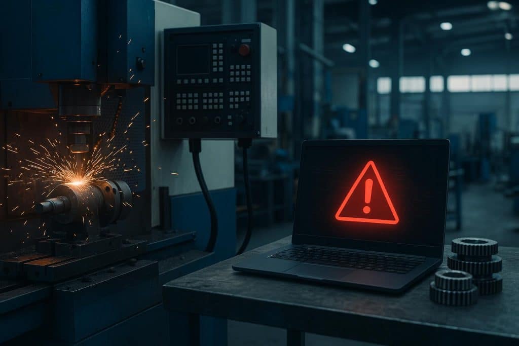 Factory floor with industrial machines hindered by digital glitches representing unseen IT challenges