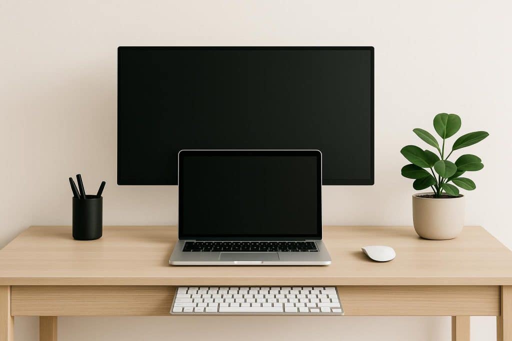 Run Your Home IT Like A CEO: Why Your Family Laptops Needs Business-Grade Software Modern workspace with laptop, monitor, notebook, and coffee cup on a wooden desk