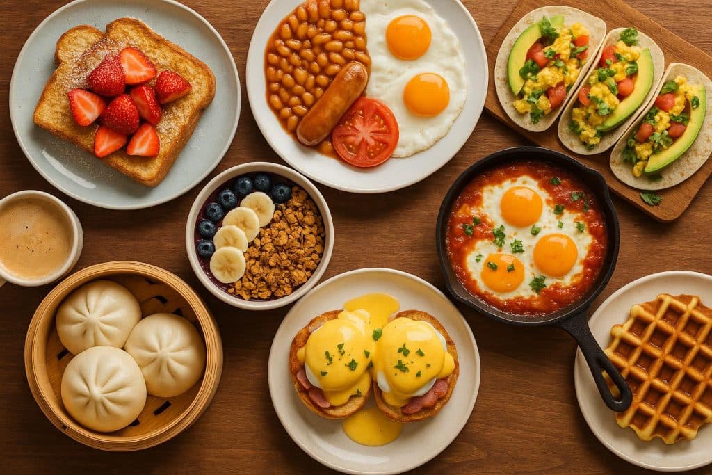 A Food Lover’s Guide to Weekend Brunch Traditions Around the World Colorful international brunch dishes displayed on a table, representing global weekend traditions