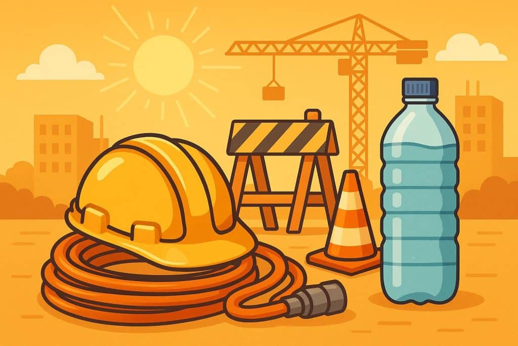 Beating the Heat: Staying Safe and Comfortable on Summer Worksites Construction workers wearing safety gear and staying hydrated on a sunny outdoor summer worksite