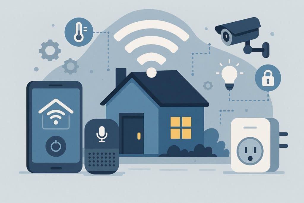 Smart home devices and affordable technology in a modern living room for budget-friendly setups