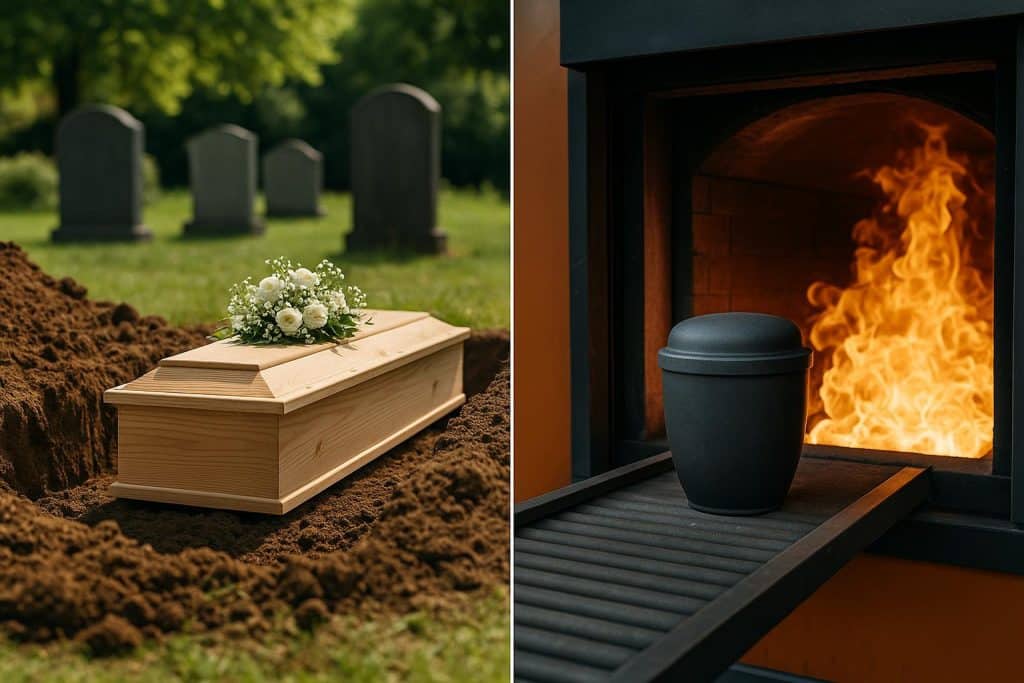 Burial or Cremation? Making an Informed Choice for Your Family Wooden coffin and cremation urn on table, symbolizing burial and cremation choices for families