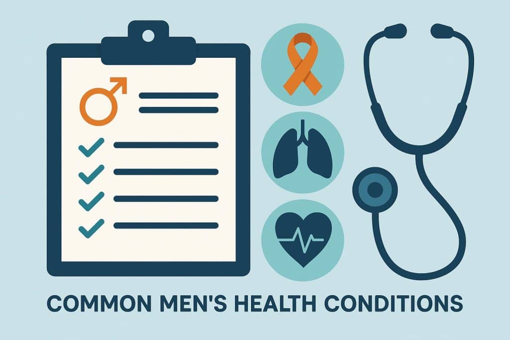 Common Men’s Health Conditions and When to See a GP Stethoscope, red heart, and medical form highlighting common men's health conditions