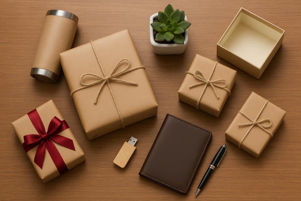 Elegant assortment of corporate gift boxes and branded items on a modern office desk