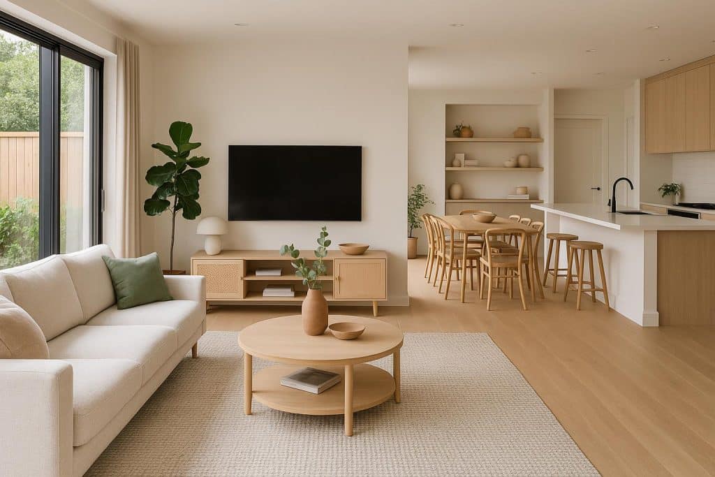 Designing an Open-Plan Living Space the Whole Family Will Love Modern open-plan living area with cozy seating, kitchen, and family-friendly decor
