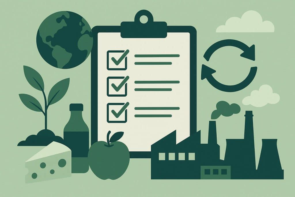 Environmental Compliance Tips for Food and Manufacturing Businesses Factory with green eco symbols and food products highlighting environmental compliance practices