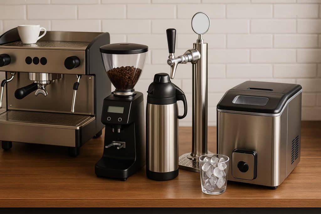 Equipment Every New Café or Bar Owner Should Budget For Espresso machine, coffee grinder, and bar equipment on countertop in a modern café setting