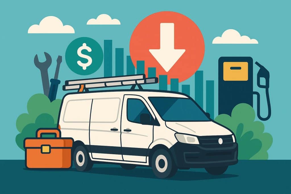 How Tradies and Small Businesses Can Cut Vehicle Running Costs White utility van parked next to building, highlighting vehicle running costs for small businesses