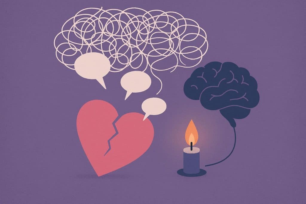 Tangled mind with thought bubbles symbolizing overthinking and doubts in romantic relationships