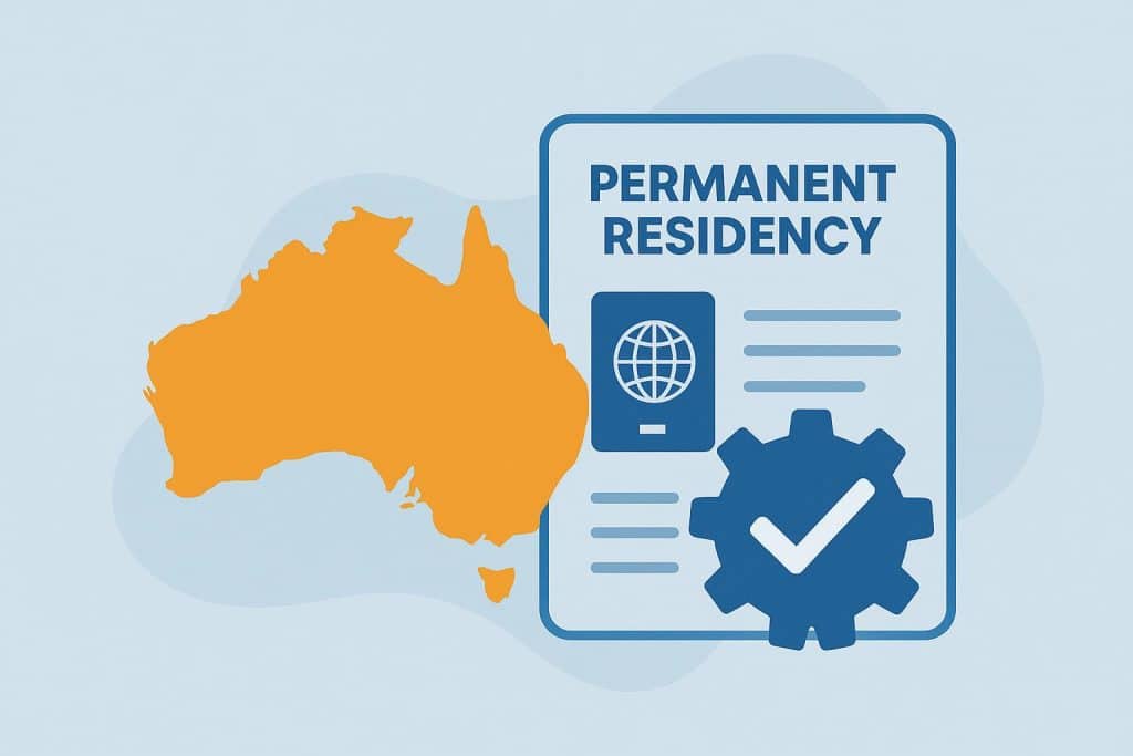 Australian passport and visa with skilled worker tools representing pathways to permanent residency