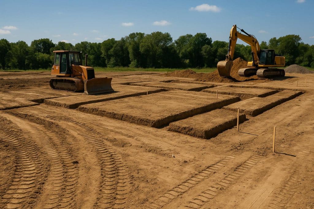 Cleared construction site with survey markers and machinery ready for building preparation
