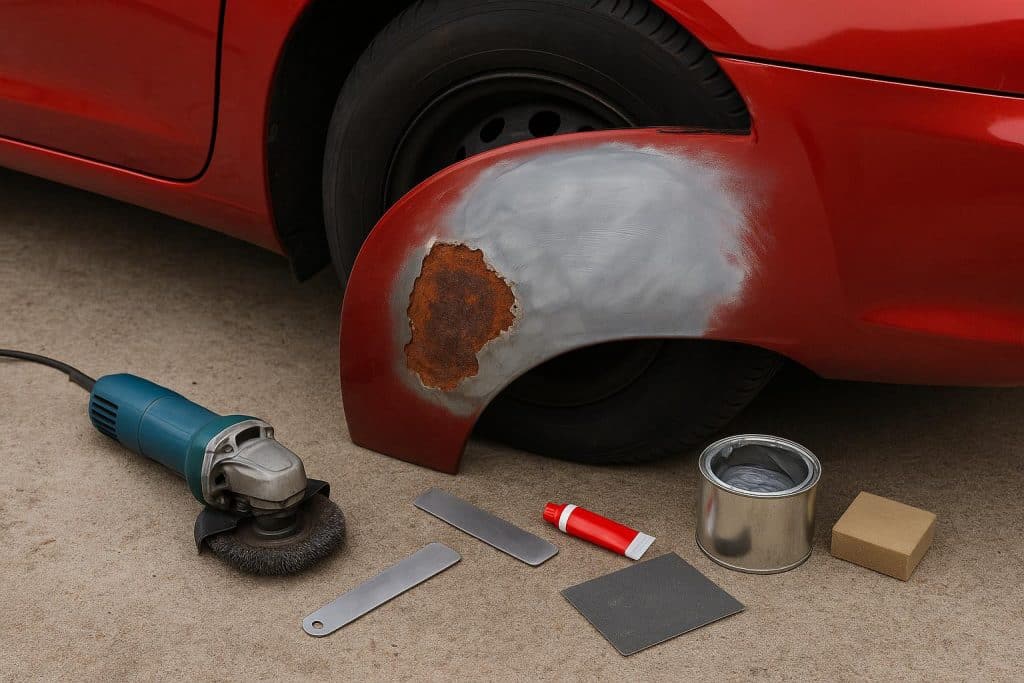 DIY car rust removal and minor body repair using tools and materials in a home garage setting