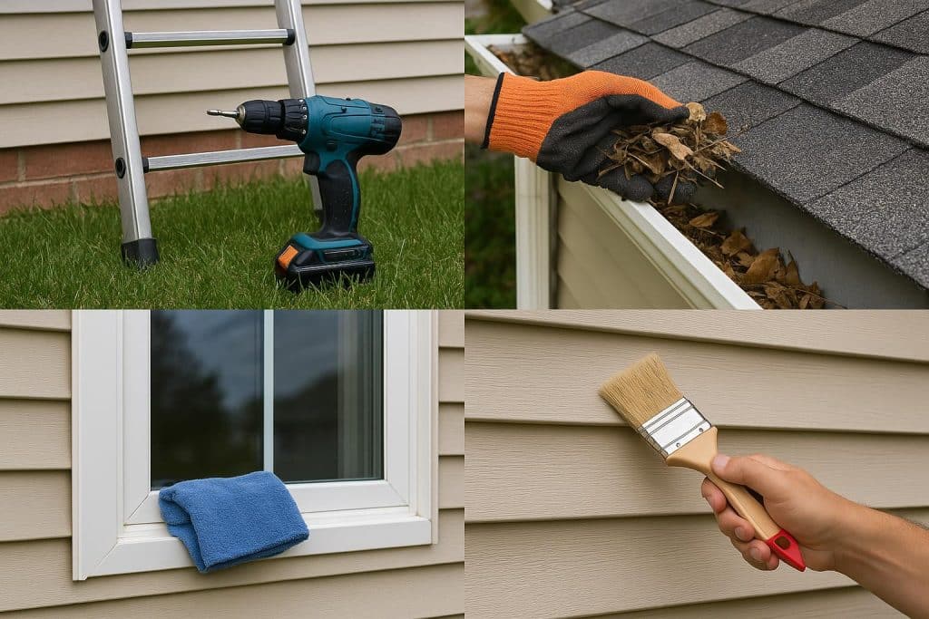 Person cleaning gutters on a house during weekend home maintenance for better curb appeal and safety