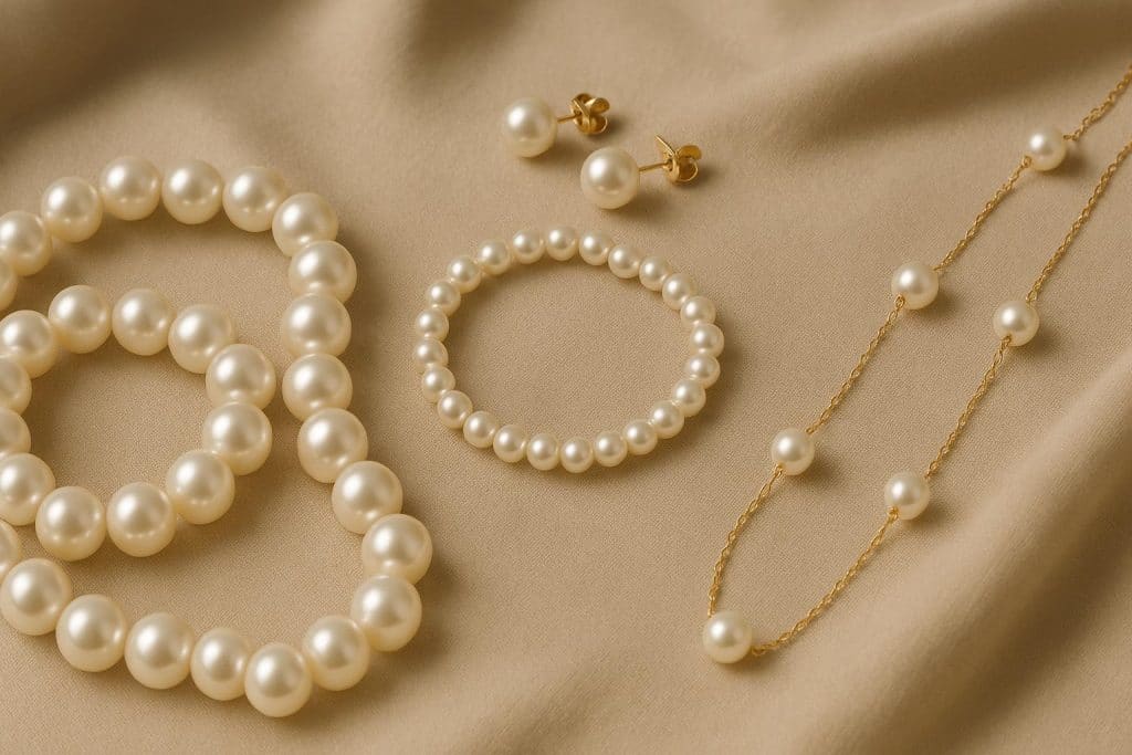 Elegant pearl jewelry displayed on velvet, showcasing trendy, modern pearl fashion accessories