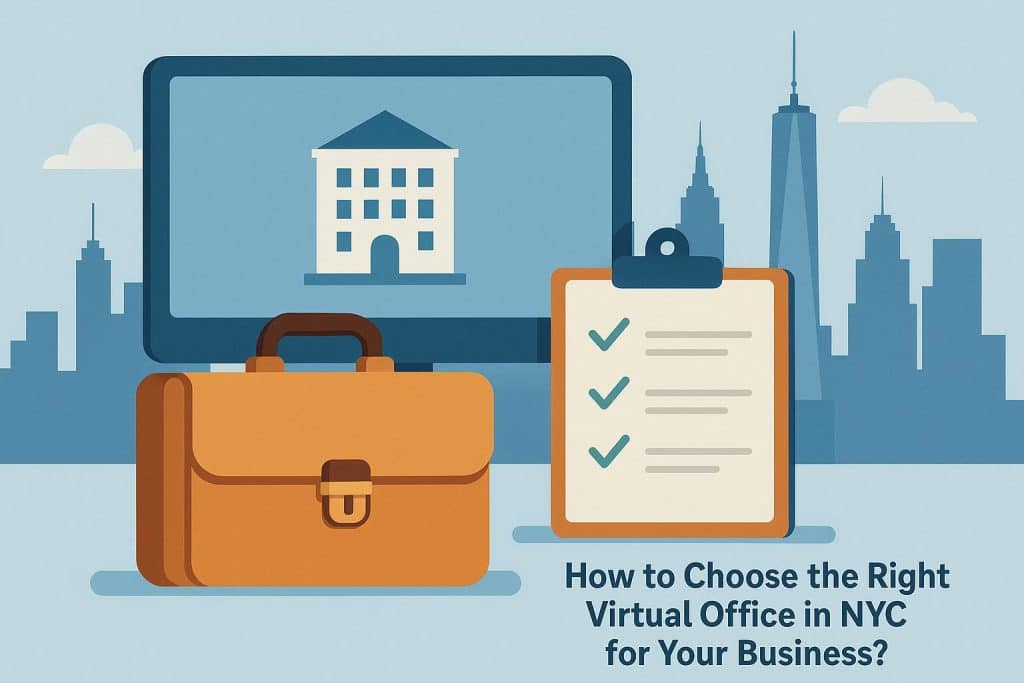 How to Choose the Right Virtual Office in NYC for Your Business? Modern NYC skyline with office buildings, representing virtual office options for businesses