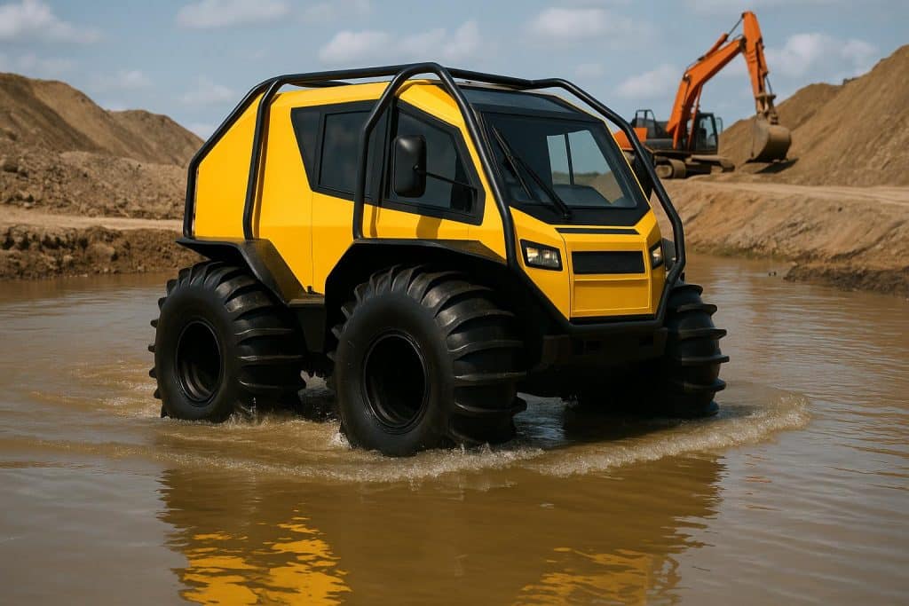 Fat Trucks and Amphibious Benefits for Construction Fat truck navigating muddy construction site, showcasing amphibious vehicle advantages