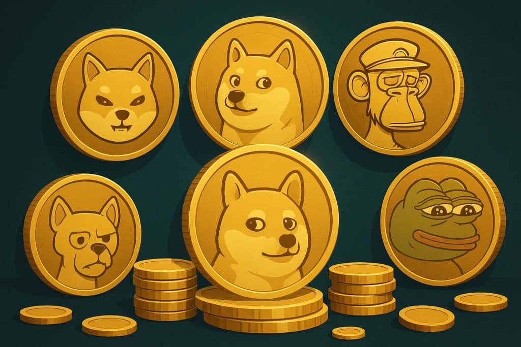 5 Memecoins That Actually Made Early Holders Rich Colorful digital coins representing top memecoins that delivered high returns to early investors