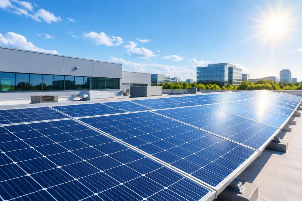 Modern commercial building rooftop covered with solar panels for sustainable business energy solutions