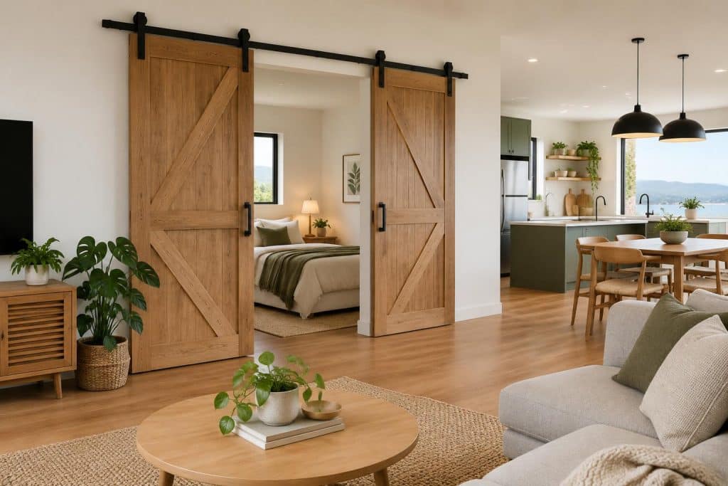 Trending in NZ Interiors: Sliding Barn Doors for Compact, Open-Plan Homes Modern sliding barn door in a compact, open-plan New Zealand home interior with stylish decor