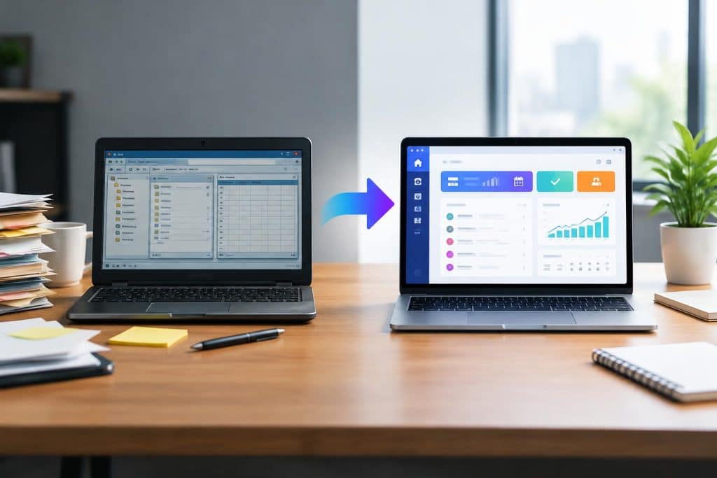 Why Buying New Software Doesn’t Always Make Work Easier Confused office worker surrounded by multiple software icons and tangled workflow charts