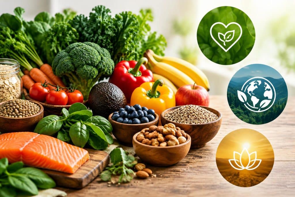 3 Reasons to Invest in Whole Foods for Your Lifestyle Fresh organic fruits and vegetables arranged on a wooden table promoting whole foods benefits