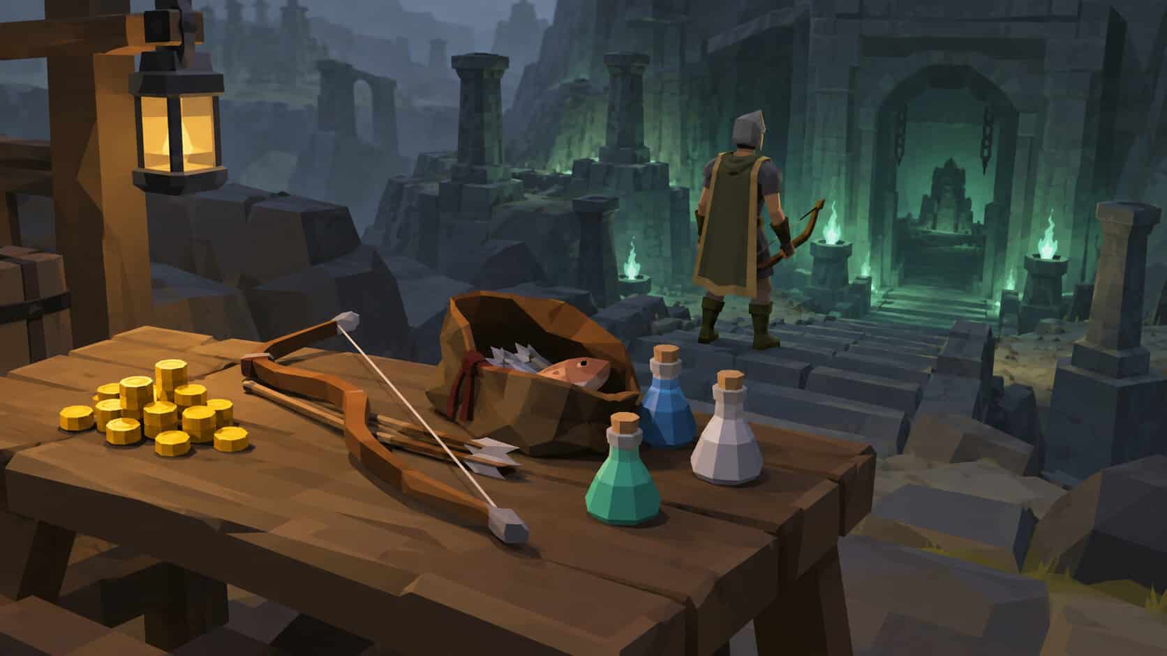 tap inline Coins and supplies in the foreground with a dungeon passage beyond.