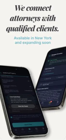 Legal Locate app screens connecting clients with attorneys in New York.